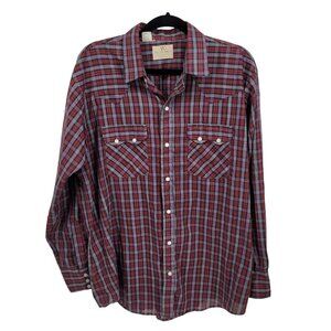 Dee Cee Brand Mens western shirt 17 35 large red plaid white pearl snap up vtg